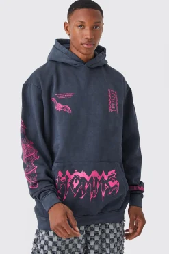 Oversized Acid Wash Multi Placement Hoodie | BoohooMAN UK