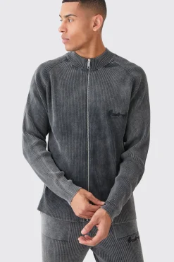 Oversized Acid Wash Ribbed Knitted Bomber | BoohooMAN UK