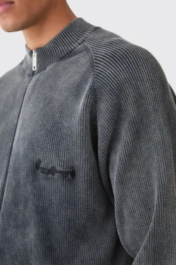 Oversized Acid Wash Ribbed Knitted Bomber | BoohooMAN UK