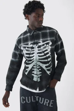 Oversized Acid Wash Ribcage Print Check Shirt | BoohooMAN UK