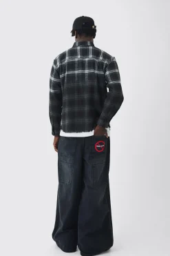 Oversized Acid Wash Ribcage Print Check Shirt | BoohooMAN UK