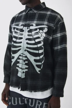 Oversized Acid Wash Ribcage Print Check Shirt | BoohooMAN UK