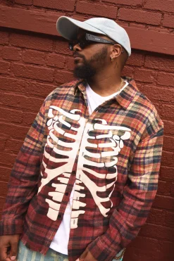 Oversized Acid Wash Ribcage Print Check Shirt | BoohooMAN UK