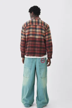 Oversized Acid Wash Ribcage Print Check Shirt | BoohooMAN UK