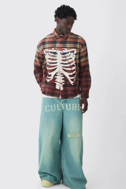 Oversized Acid Wash Ribcage Print Check Shirt | BoohooMAN UK