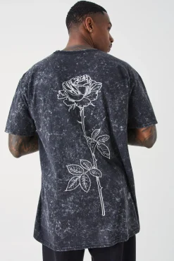 Oversized Acid Wash Rose Stem Print T-shirt | BoohooMAN UK