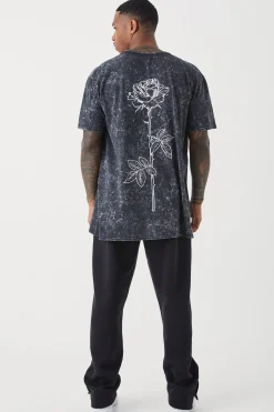 Oversized Acid Wash Rose Stem Print T-shirt | BoohooMAN UK