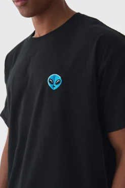 Oversized Alien Embroidered T-shirt | BoohooMAN UK