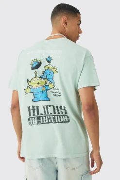 Oversized Aliens Toy Story Disney Wash License Back Print T-shirt | BoohooMAN UK