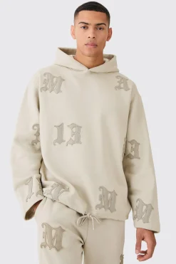 Oversized All Over Applique Open Hem Hoodie | BoohooMAN UK