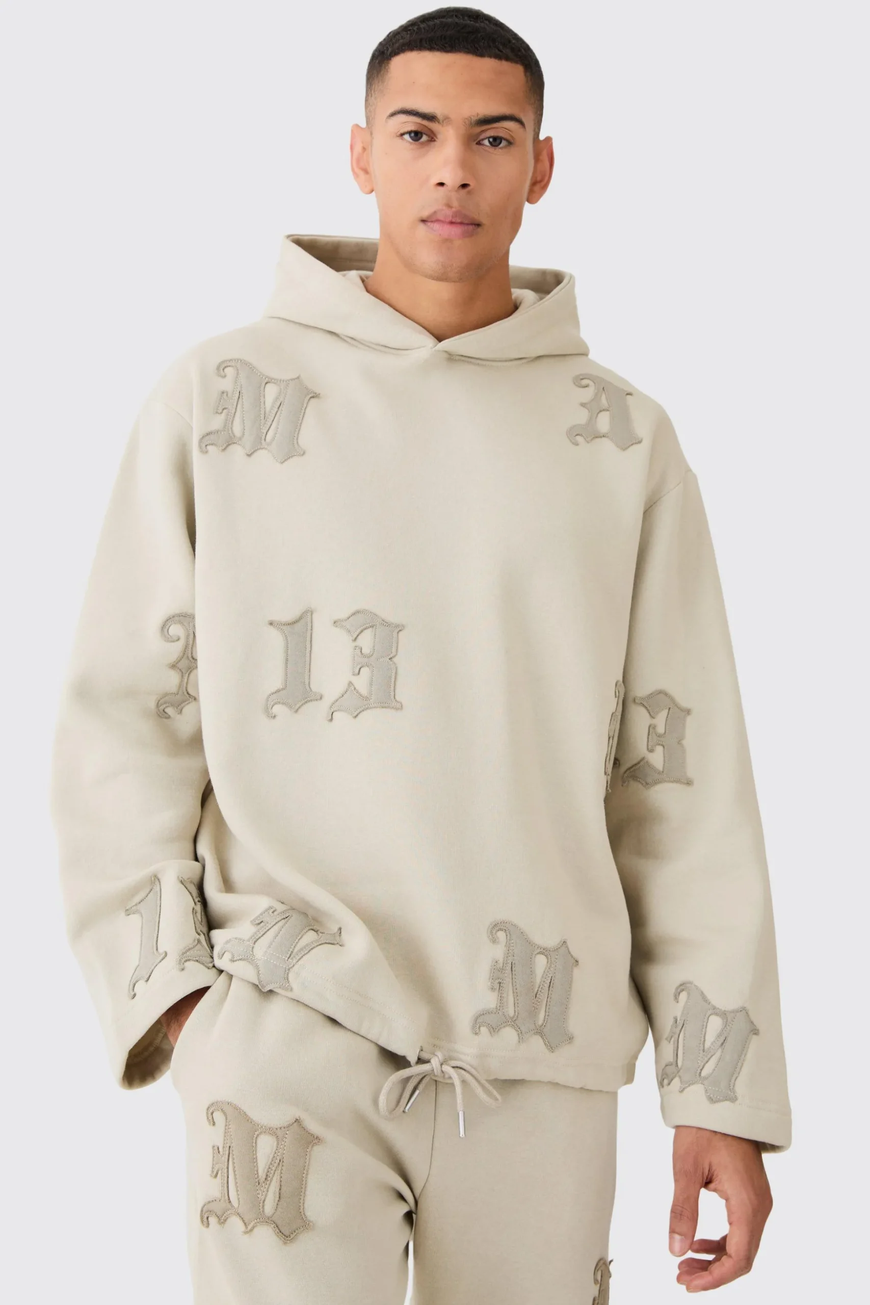 Oversized All Over Applique Open Hem Hoodie | BoohooMAN UK