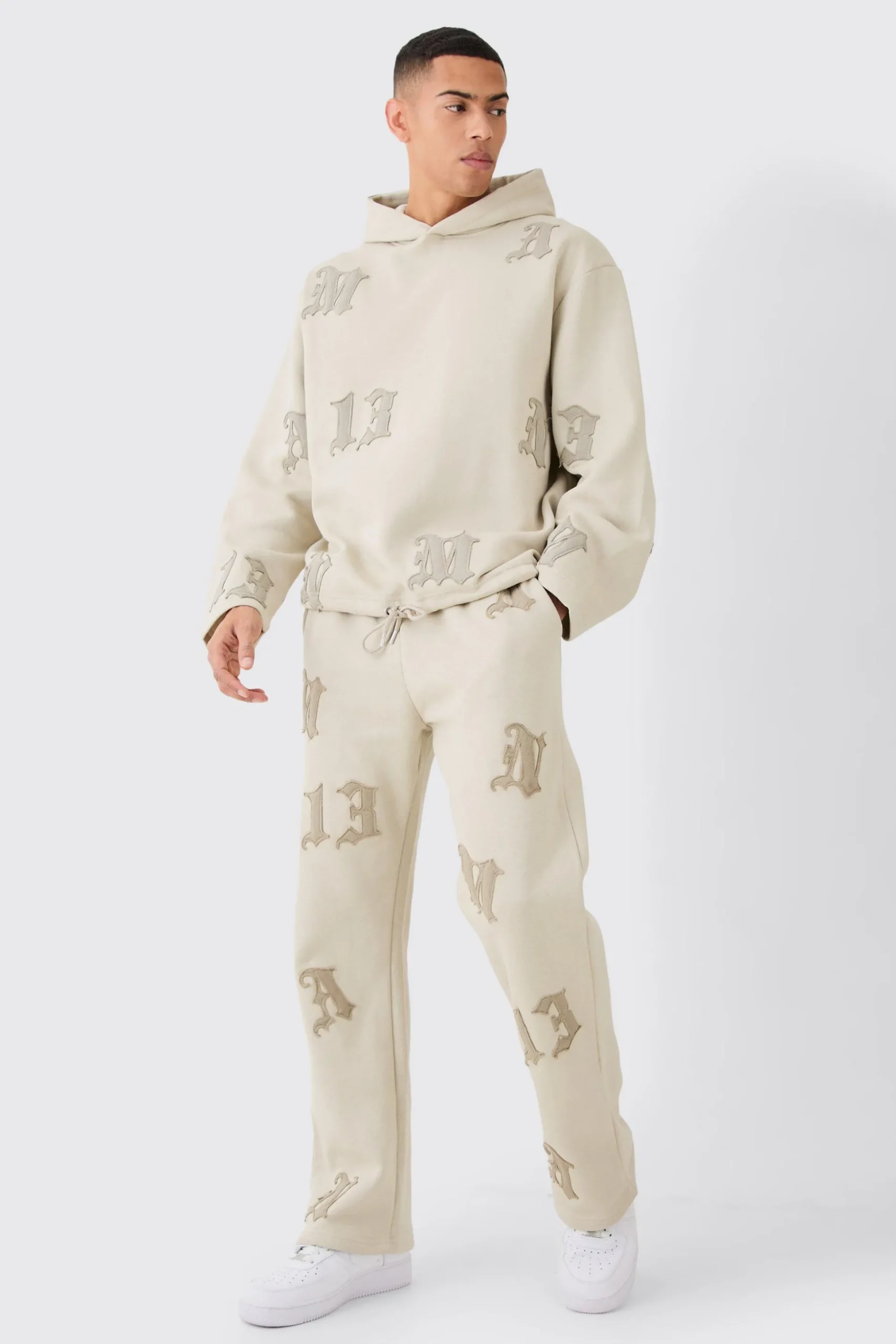 Oversized All Over Applique Open Hem Hoodie | BoohooMAN UK