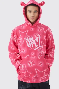 Oversized All Over Graffiti Ear Hoodie | BoohooMAN UK