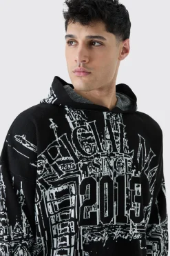 Oversized All Over Graphic Hoodie | BoohooMAN UK