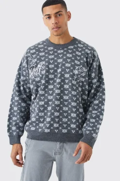 Oversized All Over Print Knit Jumper | BoohooMAN UK