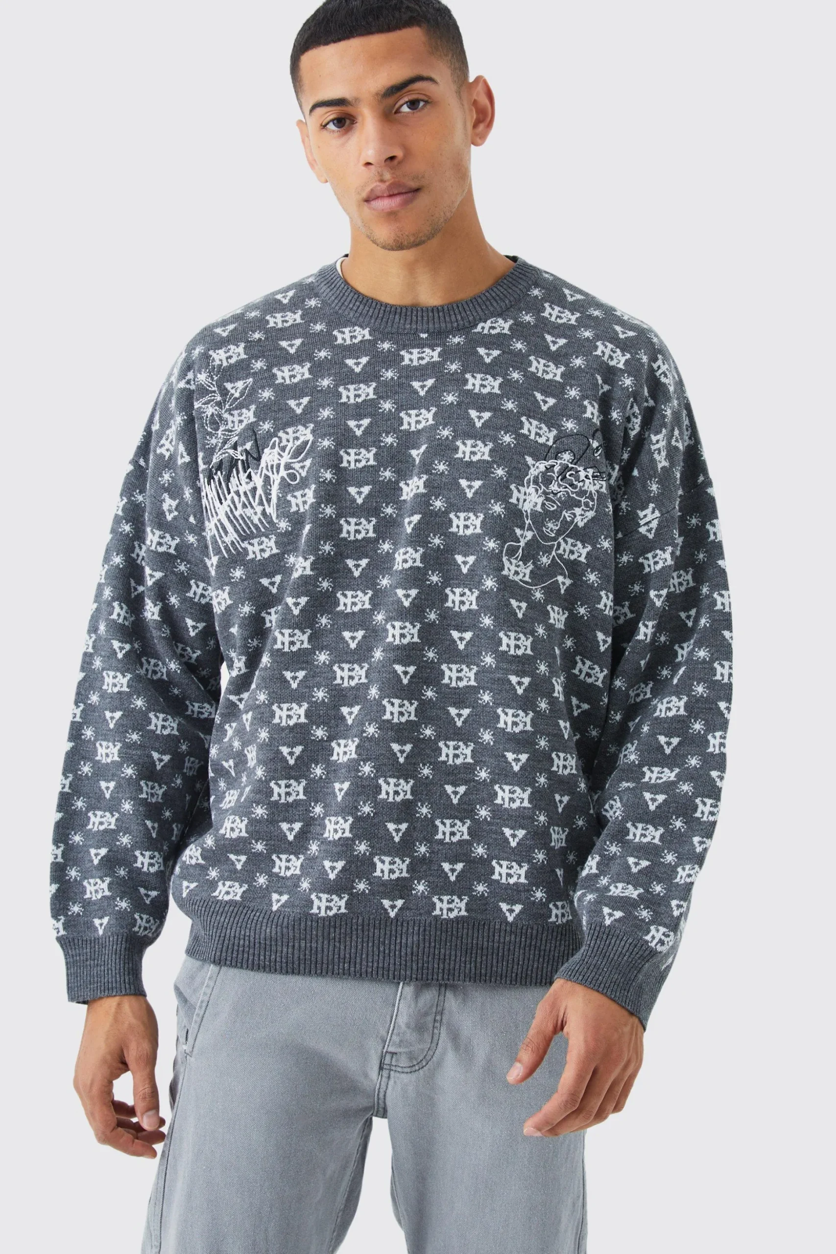 Oversized All Over Print Knit Jumper | BoohooMAN UK