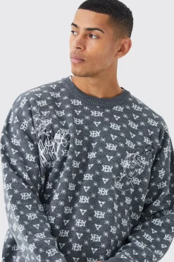 Oversized All Over Print Knit Jumper | BoohooMAN UK