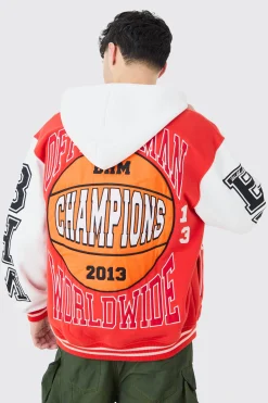 Oversized Applique Basketball Jersey Varsity Jacket | BoohooMAN UK
