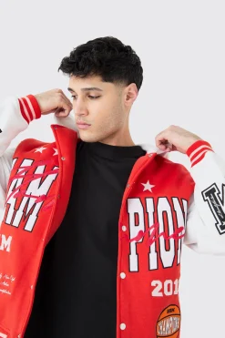 Oversized Applique Basketball Jersey Varsity Jacket | BoohooMAN UK
