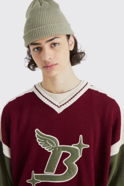 Oversized Applique Football Knit Jumper | BoohooMAN UK