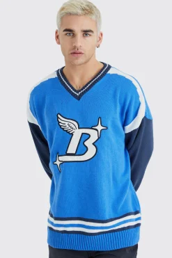 Oversized Applique Football Knit Jumper | BoohooMAN UK