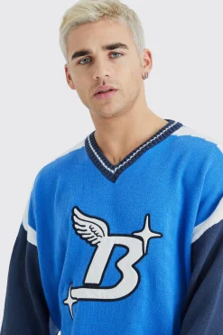 Oversized Applique Football Knit Jumper | BoohooMAN UK