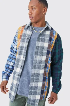 Oversized Asymmetric Multi Checked Shirt | BoohooMAN UK