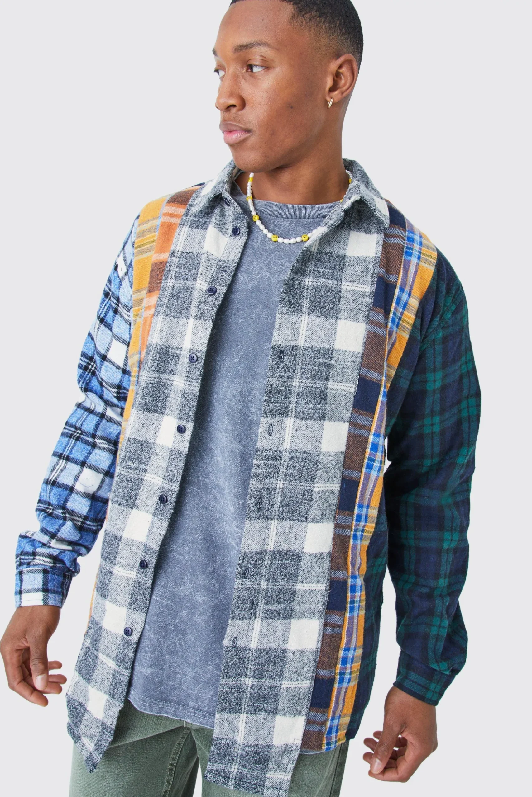 Oversized Asymmetric Multi Checked Shirt | BoohooMAN UK