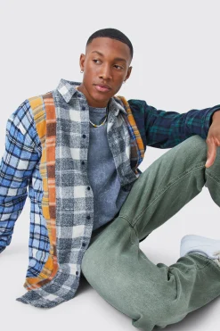 Oversized Asymmetric Multi Checked Shirt | BoohooMAN UK