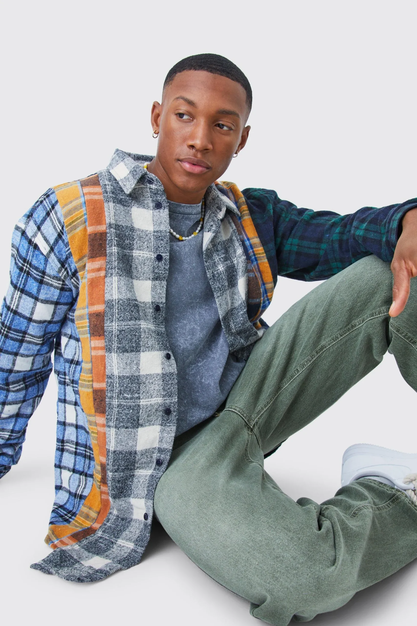 Oversized Asymmetric Multi Checked Shirt | BoohooMAN UK