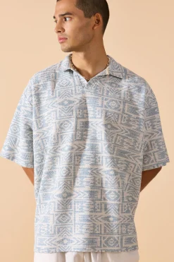 Oversized Aztec Jacquard Rugby Half Sleeve Sweatshirt | BoohooMAN UK