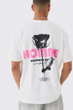 Oversized Back Print Homme Rose Print T-shirt | BoohooMAN UK