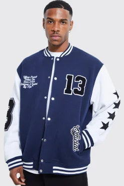 Oversized Badge Jersey Varsity Jacket | BoohooMAN UK