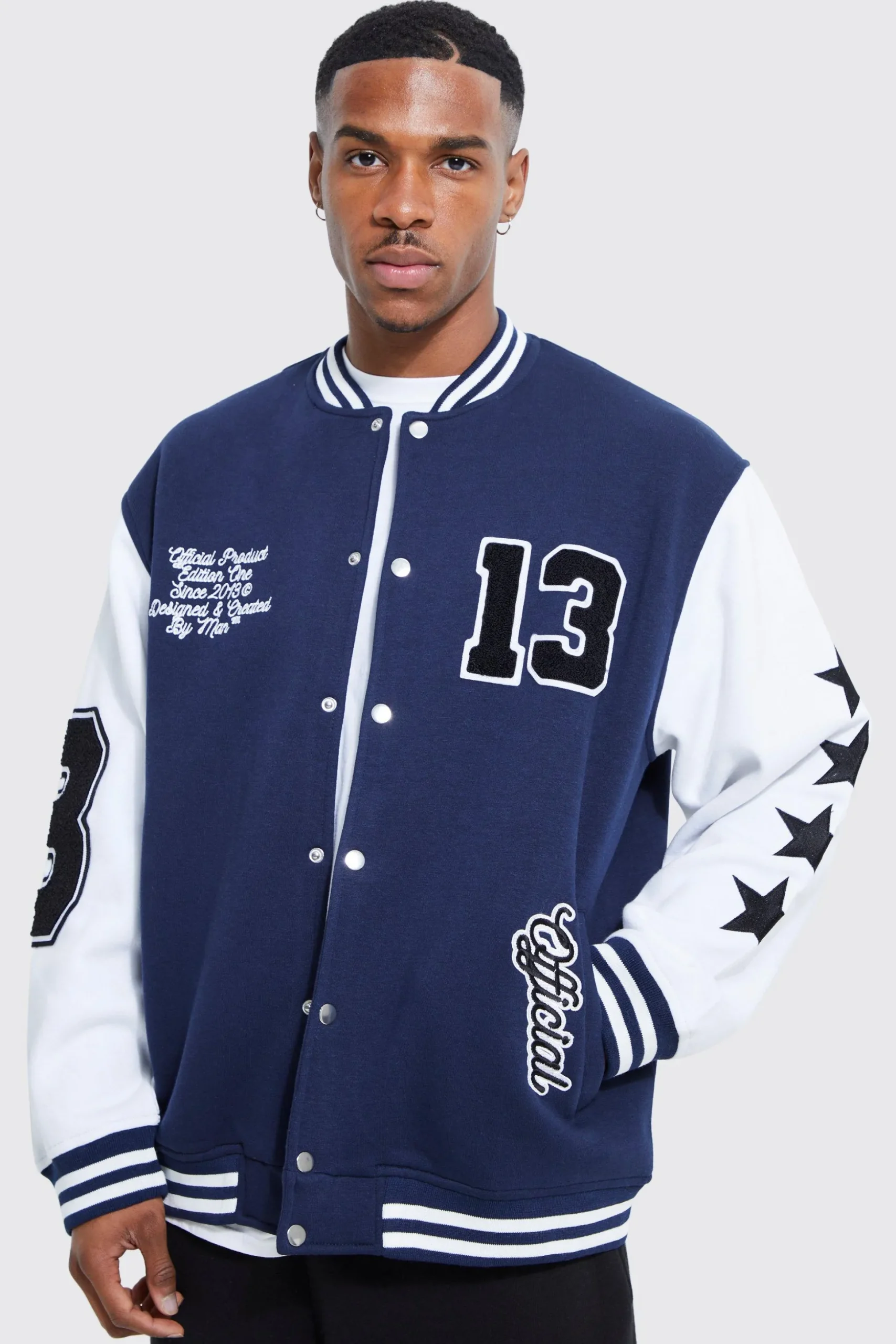 Oversized Badge Jersey Varsity Jacket | BoohooMAN UK