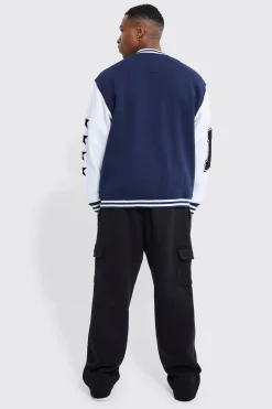 Oversized Badge Jersey Varsity Jacket | BoohooMAN UK