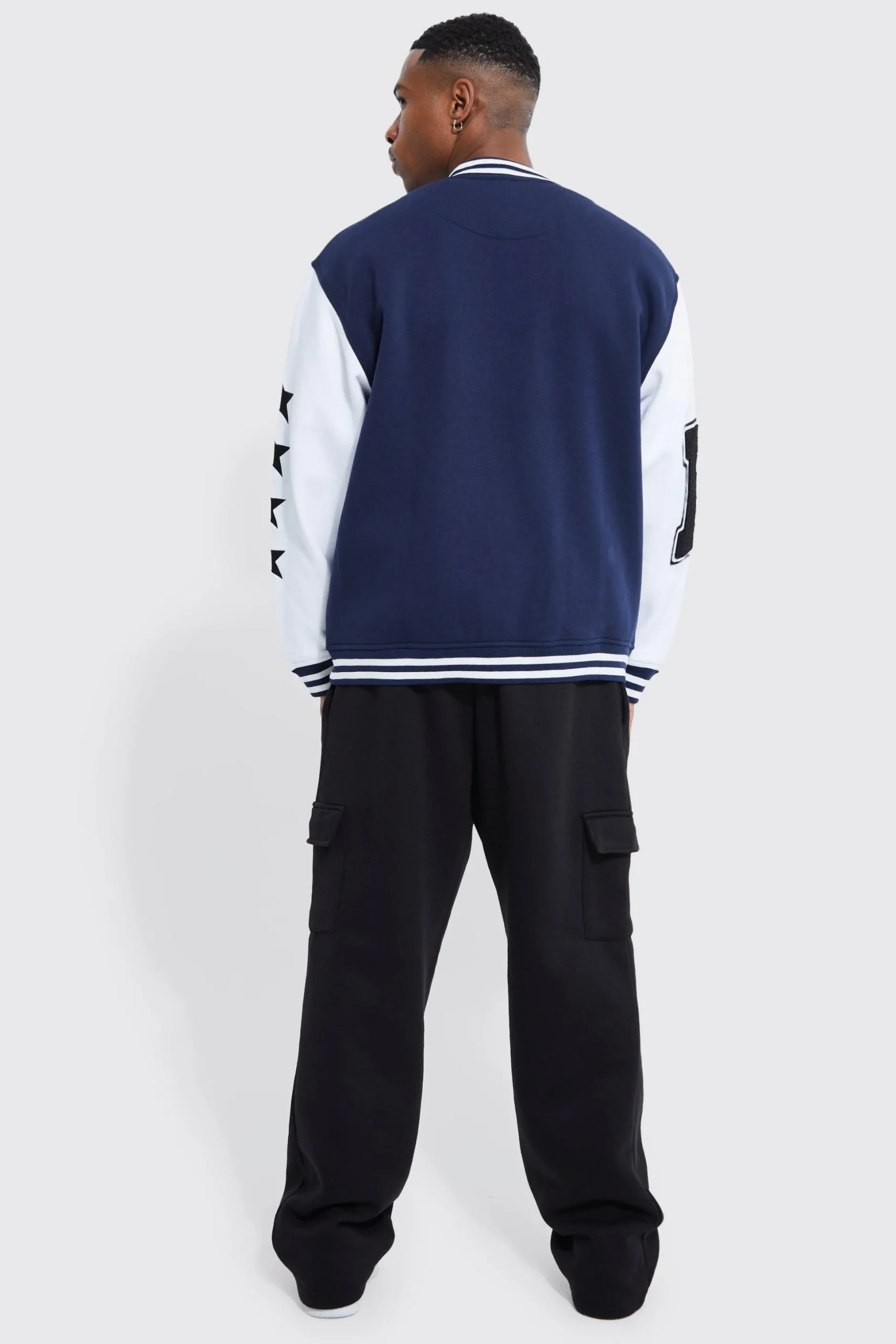 Oversized Badge Jersey Varsity Jacket | BoohooMAN UK
