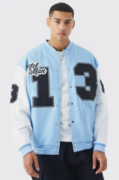 Oversized Badge Jersey Varsity Bomber Jacket | BoohooMAN UK