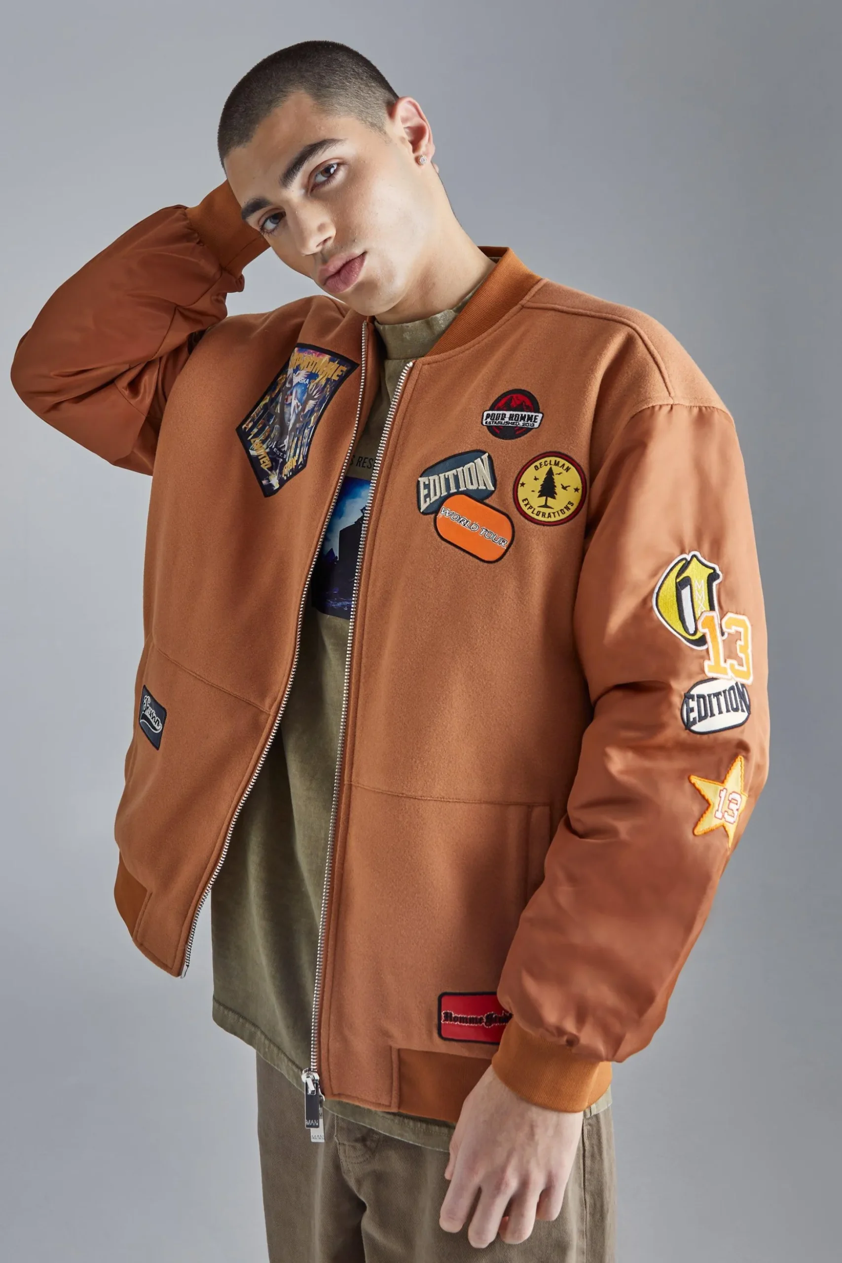 Oversized Badge Nylon Sleeve Bomber | BoohooMAN UK