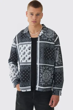 Oversized Bandana Printed Poplin Long Sleeve Shirt | BoohooMAN UK