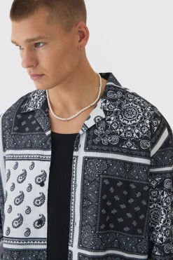 Oversized Bandana Printed Poplin Long Sleeve Shirt | BoohooMAN UK