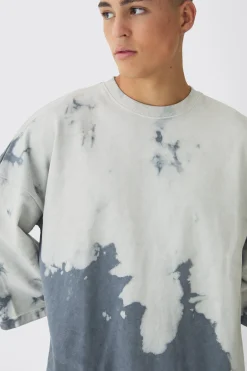 Oversized Bleach Dye Half Sleeve Loopback Sweatshirt | BoohooMAN UK