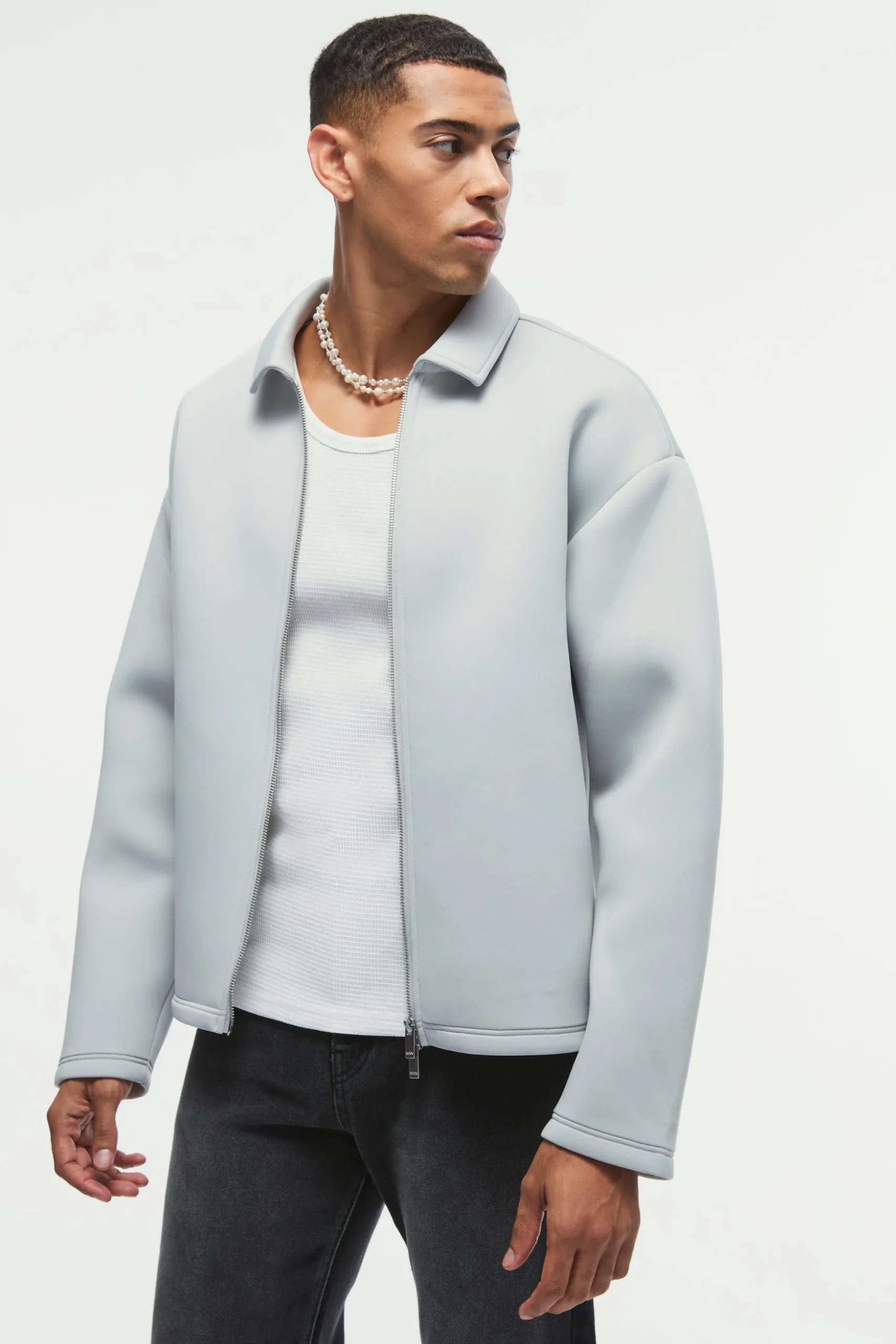 Oversized Bonded Scuba Zip Through Overshirt | BoohooMAN UK