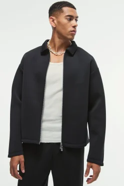 Oversized Bonded Scuba Zip Through Overshirt | BoohooMAN UK
