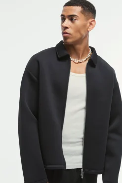 Oversized Bonded Scuba Zip Through Overshirt | BoohooMAN UK