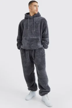 Oversized Borg Hooded Tracksuit | BoohooMAN UK