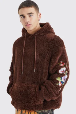 Oversized Borg Hoodie With Floral Embroidery | BoohooMAN UK