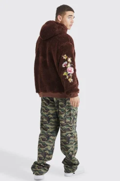 Oversized Borg Hoodie With Floral Embroidery | BoohooMAN UK