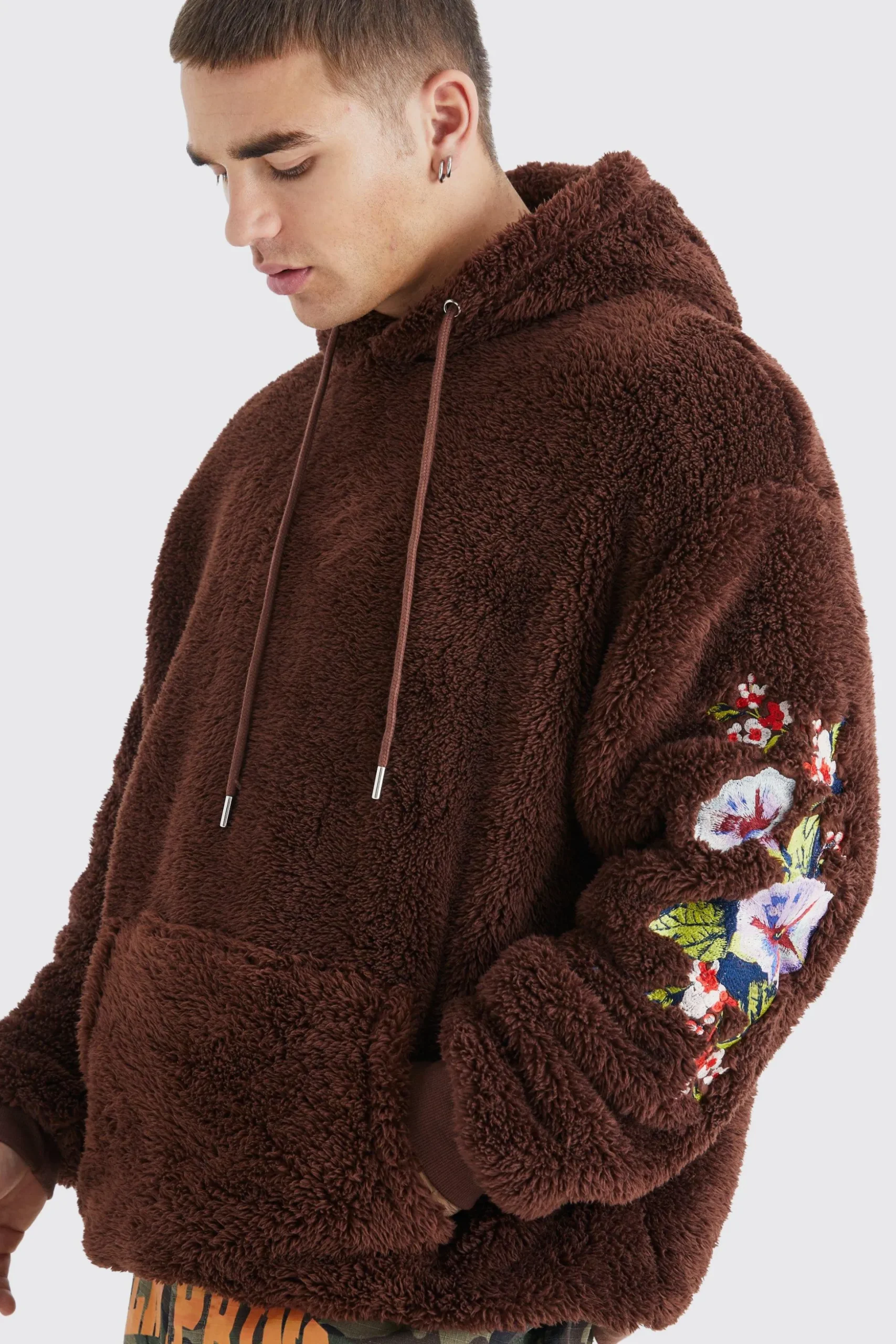 Oversized Borg Hoodie With Floral Embroidery | BoohooMAN UK