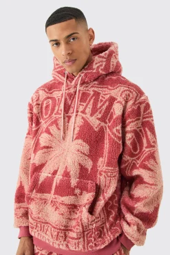 Oversized Borg Printed Hoodie | BoohooMAN UK