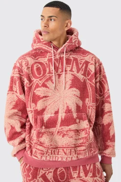Oversized Borg Printed Hoodie | BoohooMAN UK